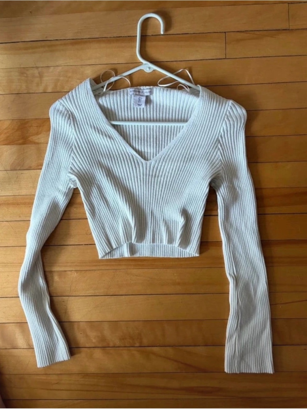Sincerely Jules Ribbed V-Neck Cropped Long Sleeve Top - Cream